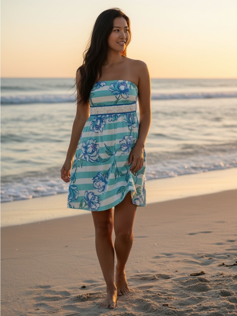 Lilly Pulitzer Striped Floral Strapless Sundress in Aqua Blue Size 4